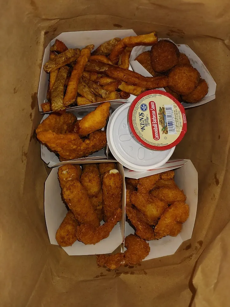 French Fries Chicken Tenders Fried Mushrooms Mozzarella Sticks and Fried Shrimp